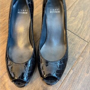 Stuart Weitzman Patent Leather Black Peep-Toe Heels 6M